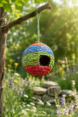 Colorful woven birdhouse hanging from a tree branch in a garden.