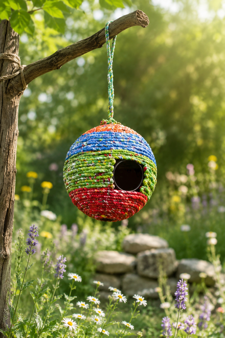 Colorful woven birdhouse hanging from a tree branch in a garden.