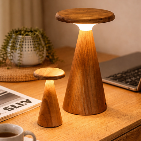 Wooden lamp on a desk with a laptop and newspaper in the background