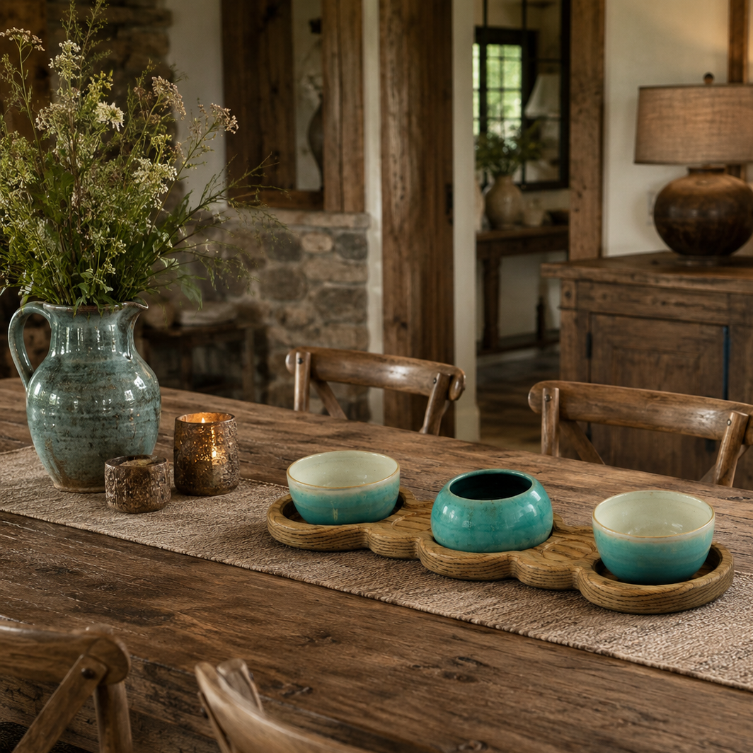 Table centre tray with teal pots
