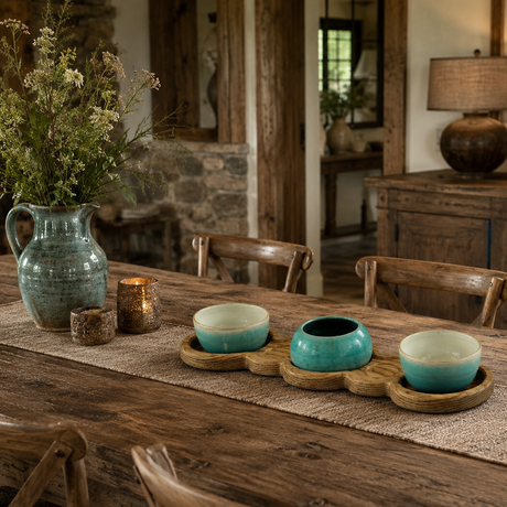Table centre tray with teal pots