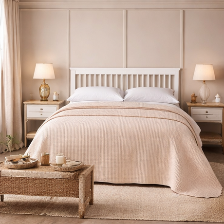 bedroom scenes with beige bedding and neutral decor.