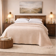 bedroom scenes with beige bedding and neutral decor.