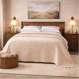 bedroom scenes with beige bedding and neutral decor.