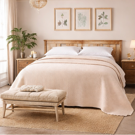 bedroom scenes with beige bedding and neutral decor.