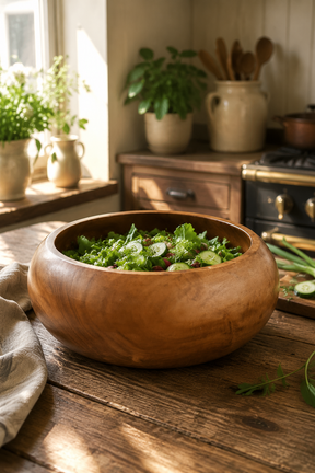 A Teak Root Fruit & Serving Bowl – 20cm. Round wooden salad bowl filled with green salad, set on a rustic wooden table in a sunlit kitchen with plants and a stove in the background.
