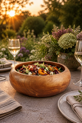 A Teak Root Fruit & Serving Bowl – 20cm  round wooden bowl filled with a colourful salad, set on an outdoor dining table at sunset with wine glasses, plates, and a flower arrangement in the background.