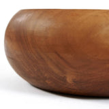 A close-up of a smooth, rounded wooden Teak Root Serving Bowl – 20cm bowl with a warm medium-brown wood grain finish, photographed on a white background.