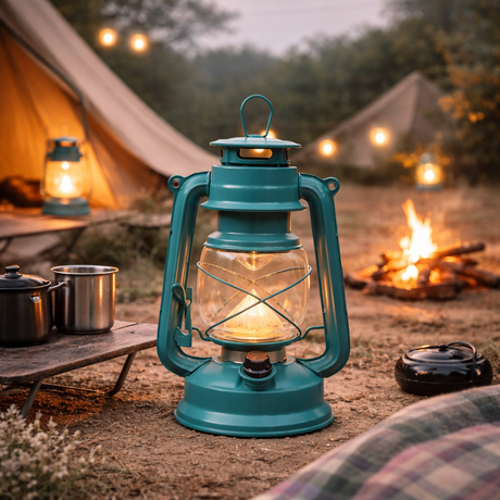 Teal lantern with a campfire and tents in the background