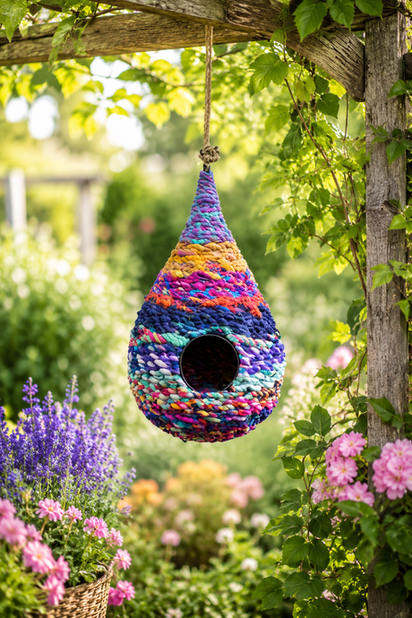 Colorful woven birdhouse hanging from a wooden pergola in a garden with flowers and plants.