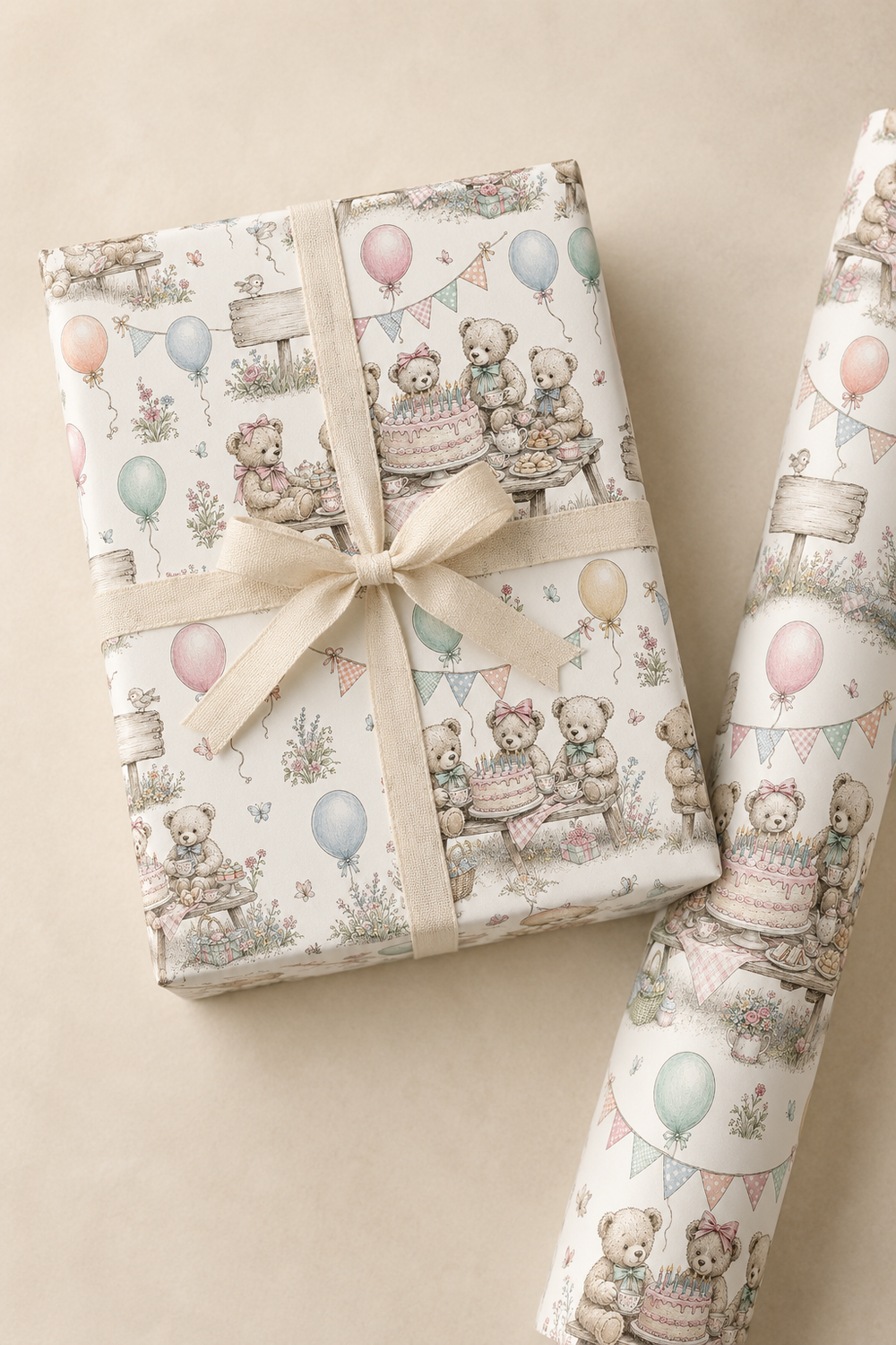 Teddy Bears’ Picnic wrapping paper with vintage birthday picnic scene and pastel colour accents.