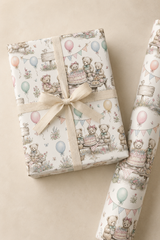 Teddy Bears’ Picnic wrapping paper with vintage birthday picnic scene and pastel colour accents.
