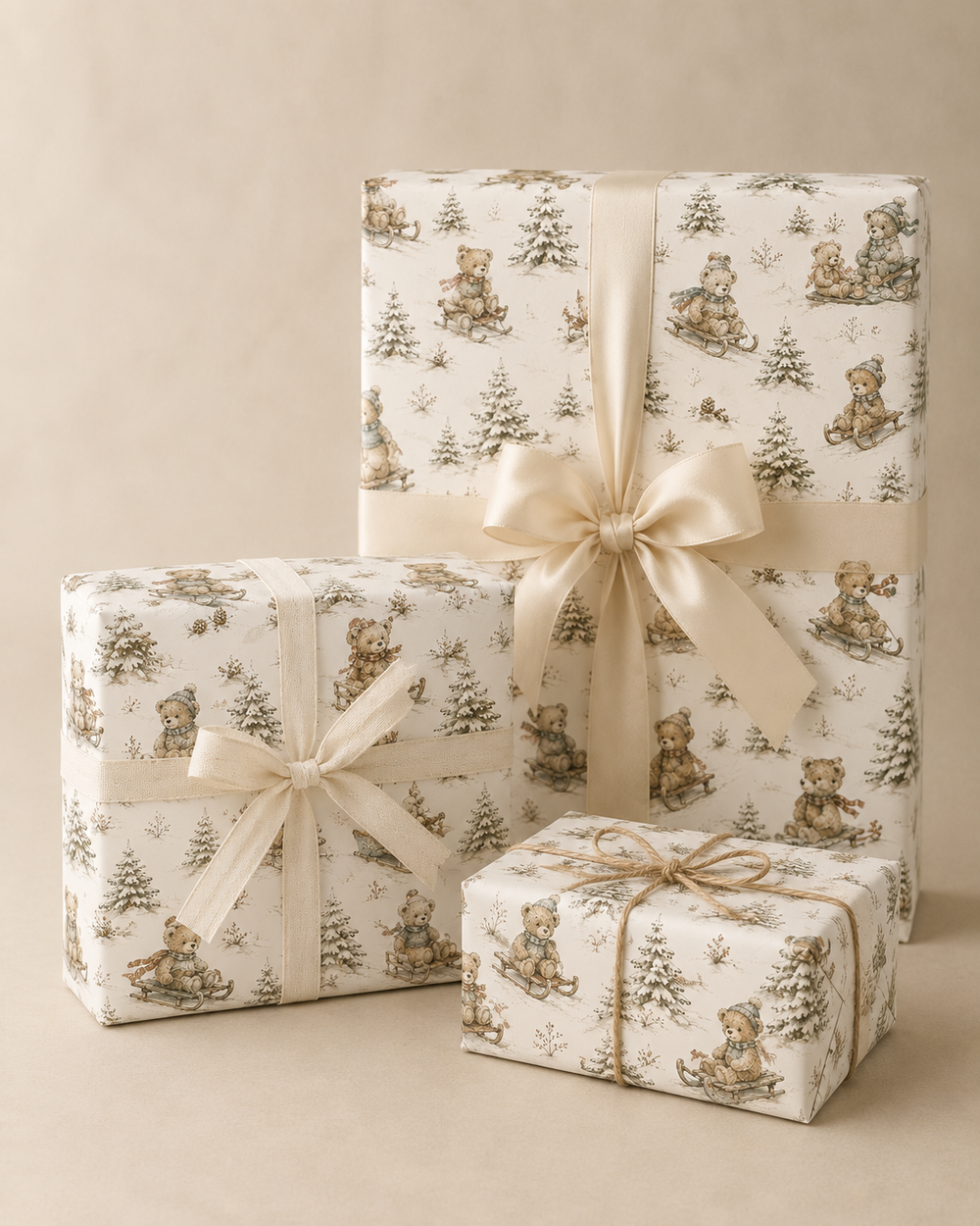 Teddy bear Christmas gift wrap with tobogganing winter scene on a snowy white background.