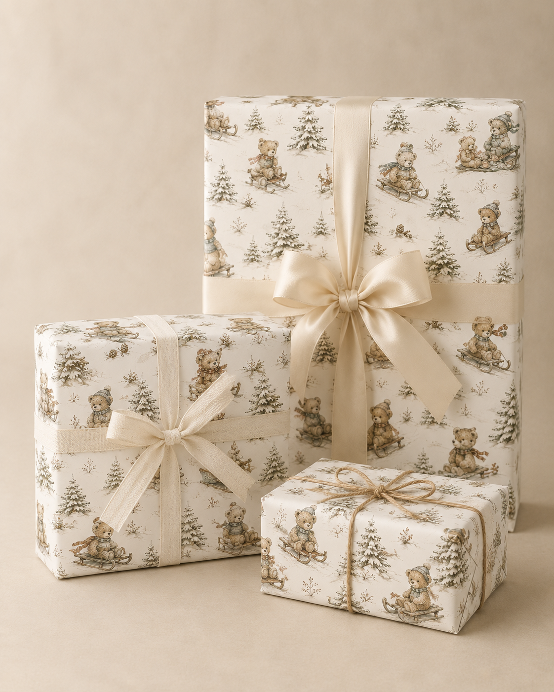 Teddy bear Christmas gift wrap with tobogganing winter scene on a snowy white background.