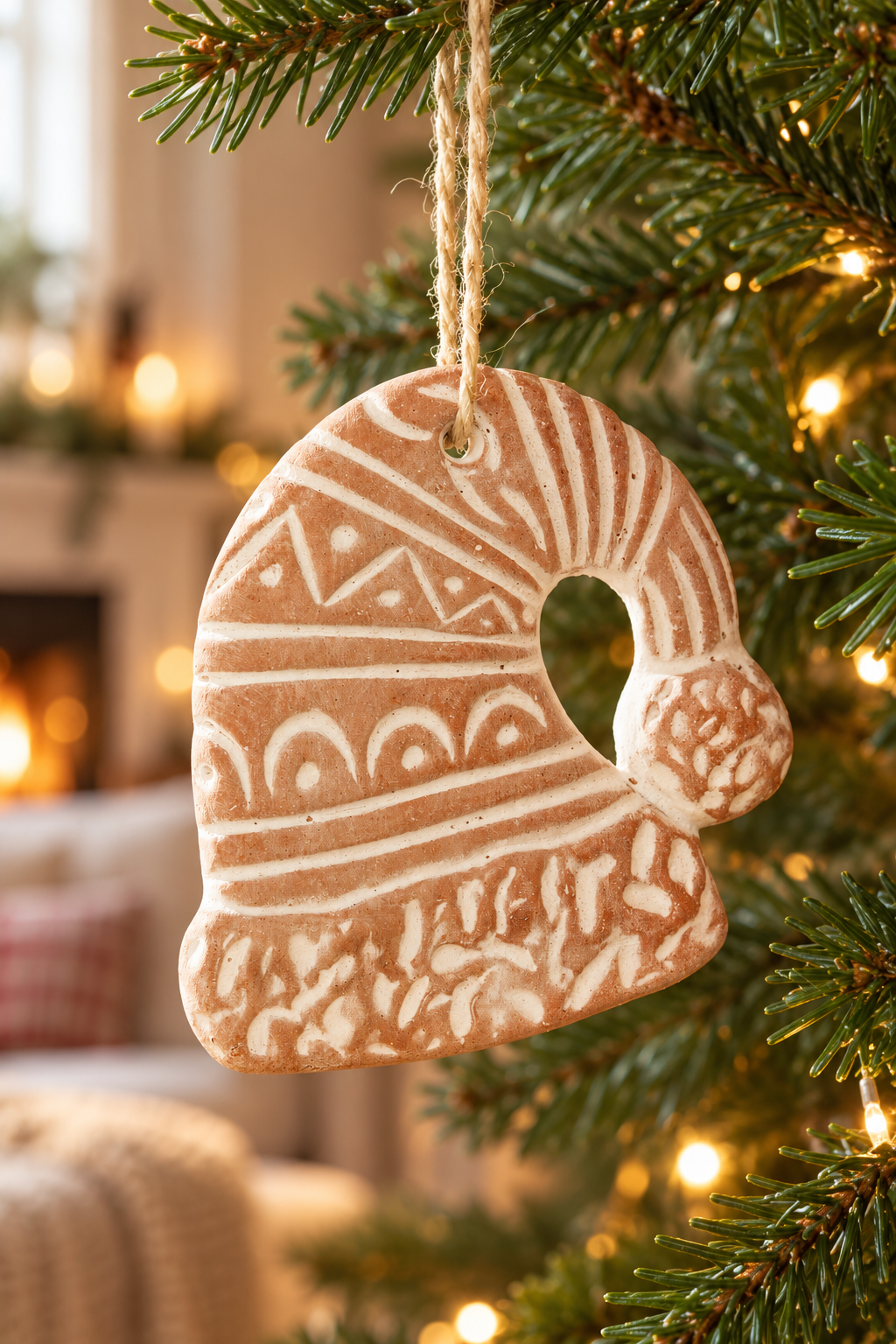A handcrafted terracotta Christmas ornament shaped like a Santa hat, hanging from a natural jute string. The ornament features embossed geometric patterns in a warm terracotta brown with white highlights.