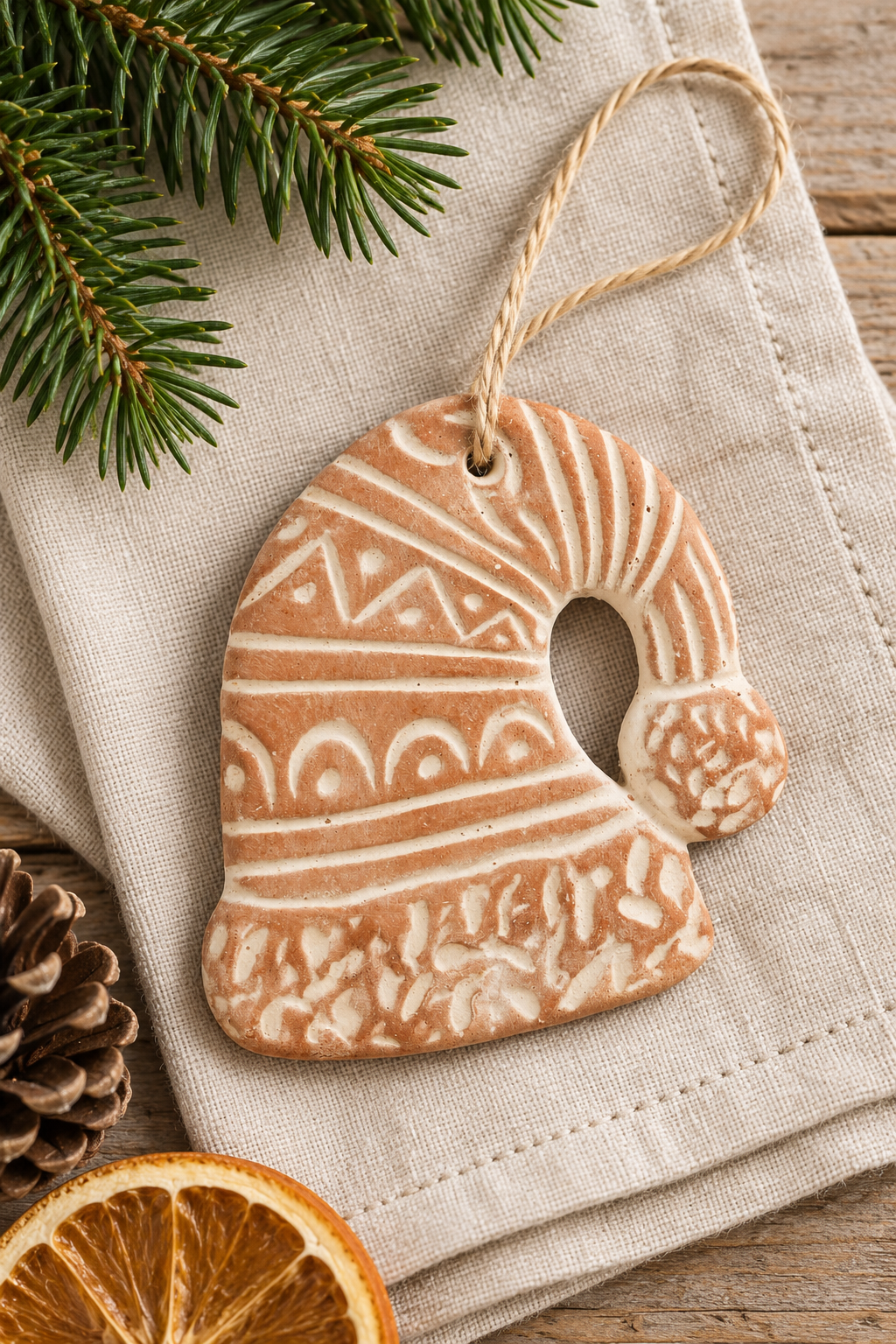 A terracotta Christmas ornament shaped like a Santa hat, decorated with white icing-style patterns on a warm tan base, hanging from a twine loop. It is styled on a beige linen cloth with pine branches, a dried orange slice, and a pinecone on a wooden surface.