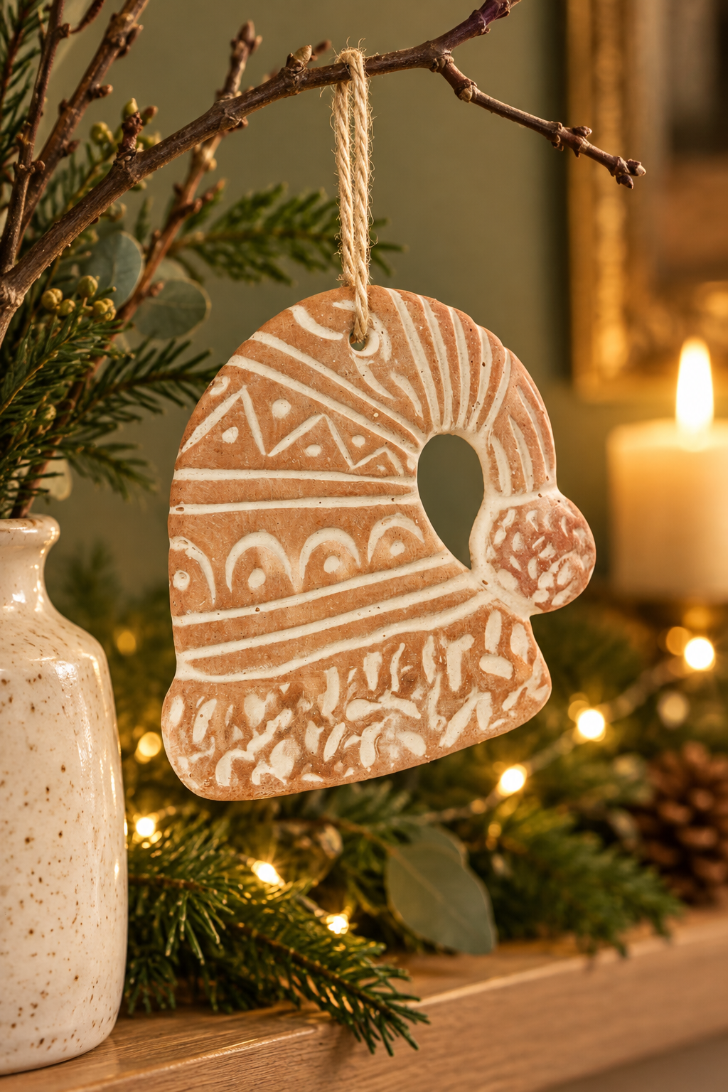 A hand-painted terracotta Christmas ornament in the shape of a Santa hat  decorated with white geometric patterns, hanging from a natural jute string on a decorative branch over a mantel.