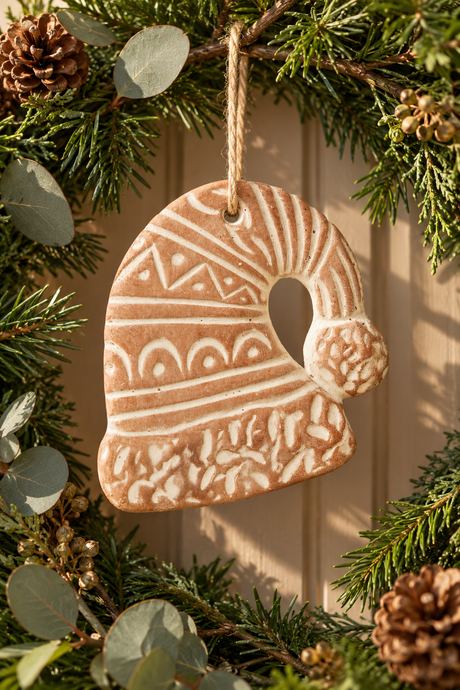A handcrafted terracotta Christmas ornament shaped like a Santa hat, hanging from a natural jute string. The ornament features embossed geometric patterns in a warm terracotta brown with cream-colored highlights.