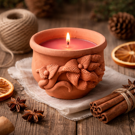 Terracotta candle holder with a lit pink candle on a wooden surface with decorative elements.