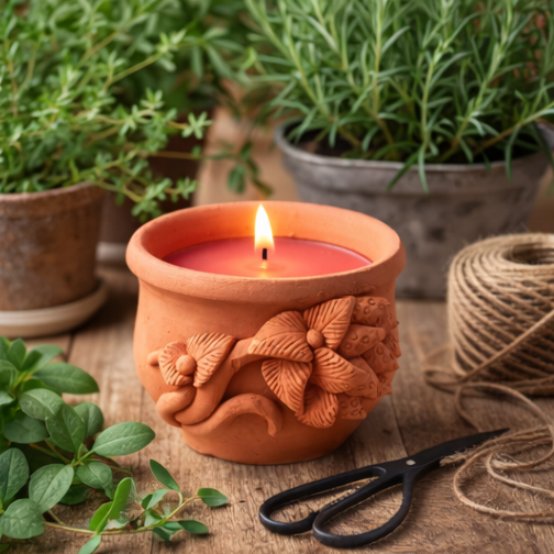 terracotta rose candle with herbs in a warm and cozy atmosphere.