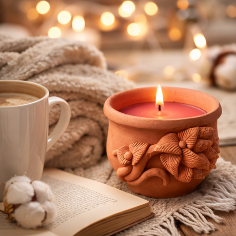 terracotta candle with a warm and cozy atmosphere.