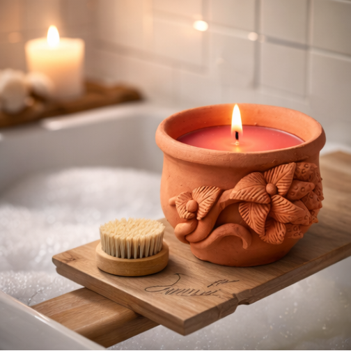 Terracotta candles in Bathroom