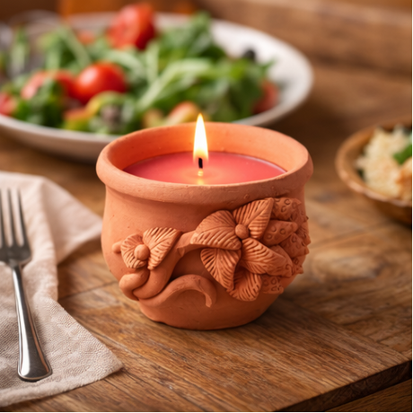 terracotta candles in dinner table settings with a warm and cozy atmosphere.