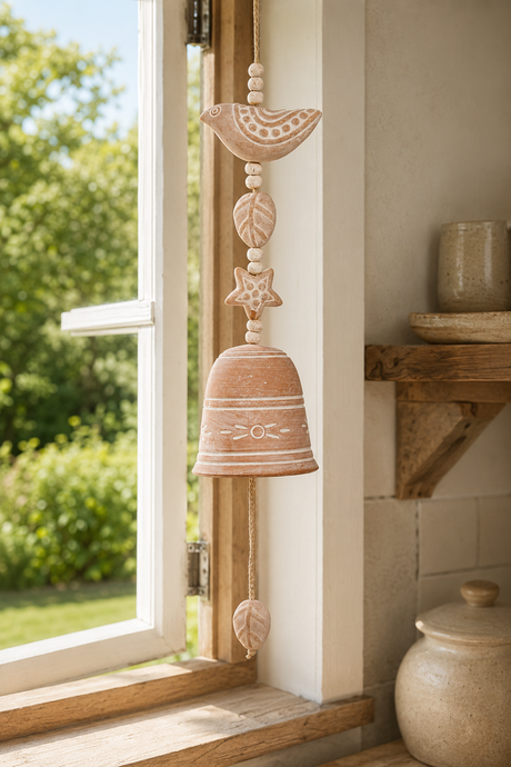 A terracotta bird wind chime hanging by a window, with carved leaves, stars, and a bell below, set against a softly lit interior background.
