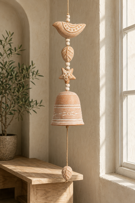 A bohemian-style terracotta wind chime hanging in a sunlit room next to a window. The chime features a large terracotta-colored bell with carved details, a starfish, leaf-shaped beads, and a bird topper, suspended by a rope with a leaf pender.