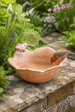 A terracotta clay bird bath shaped like a flower, set on a stone wall in a garden with a small robin perched on the rim drinking water.