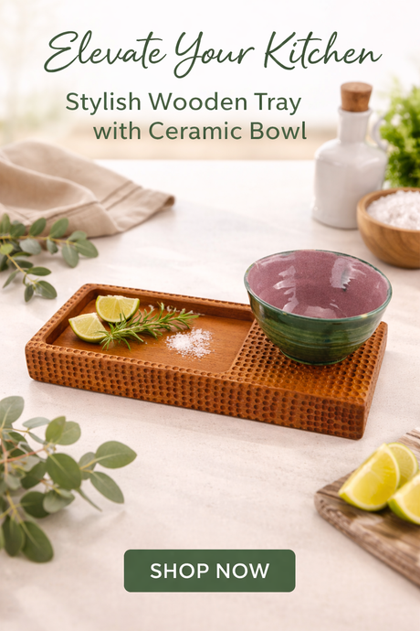 Stylish wooden tray with ceramic bowl on a light surface, surrounded by herbs and limes.