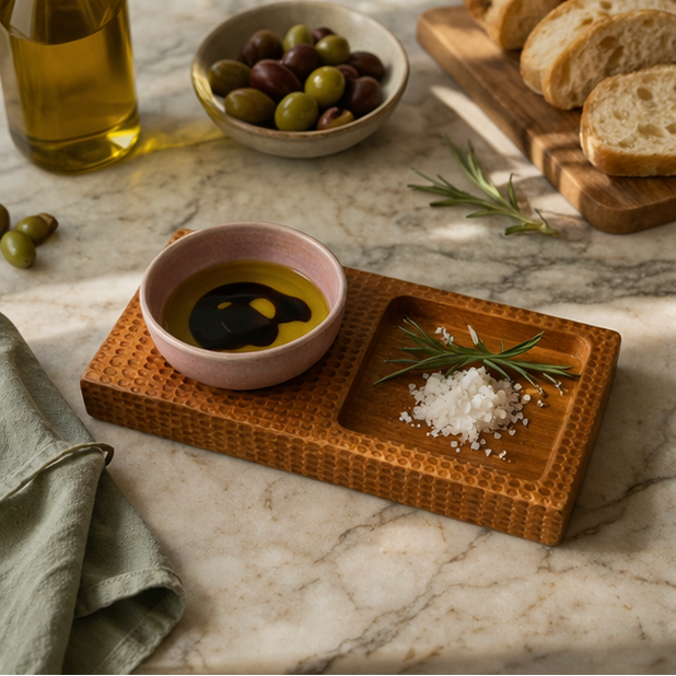 Wooden tray with a pink bowl of olive oil and black olives, surrounded by bread and olives on a marble surface.