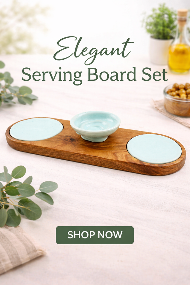 Wooden serving board with three light blue bowls on a white surface with text 'Elegant Serving Board Set' and 'Shop Now' button.
