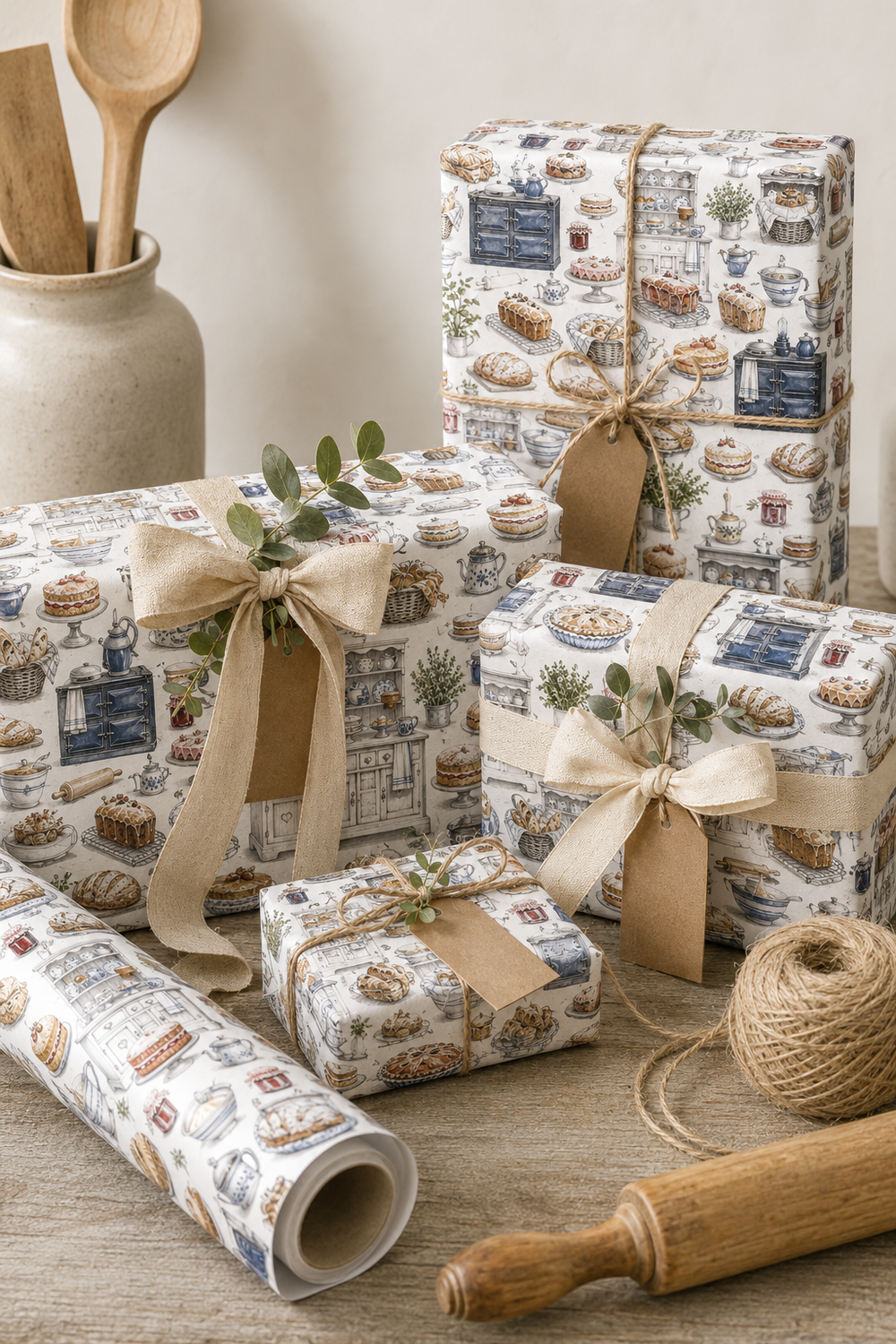 The Baker’s Kitchen wrapping paper with vintage pencil sketch cottage kitchen artwork.