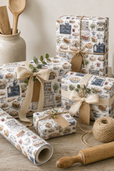 The Baker’s Kitchen wrapping paper with vintage pencil sketch cottage kitchen artwork.