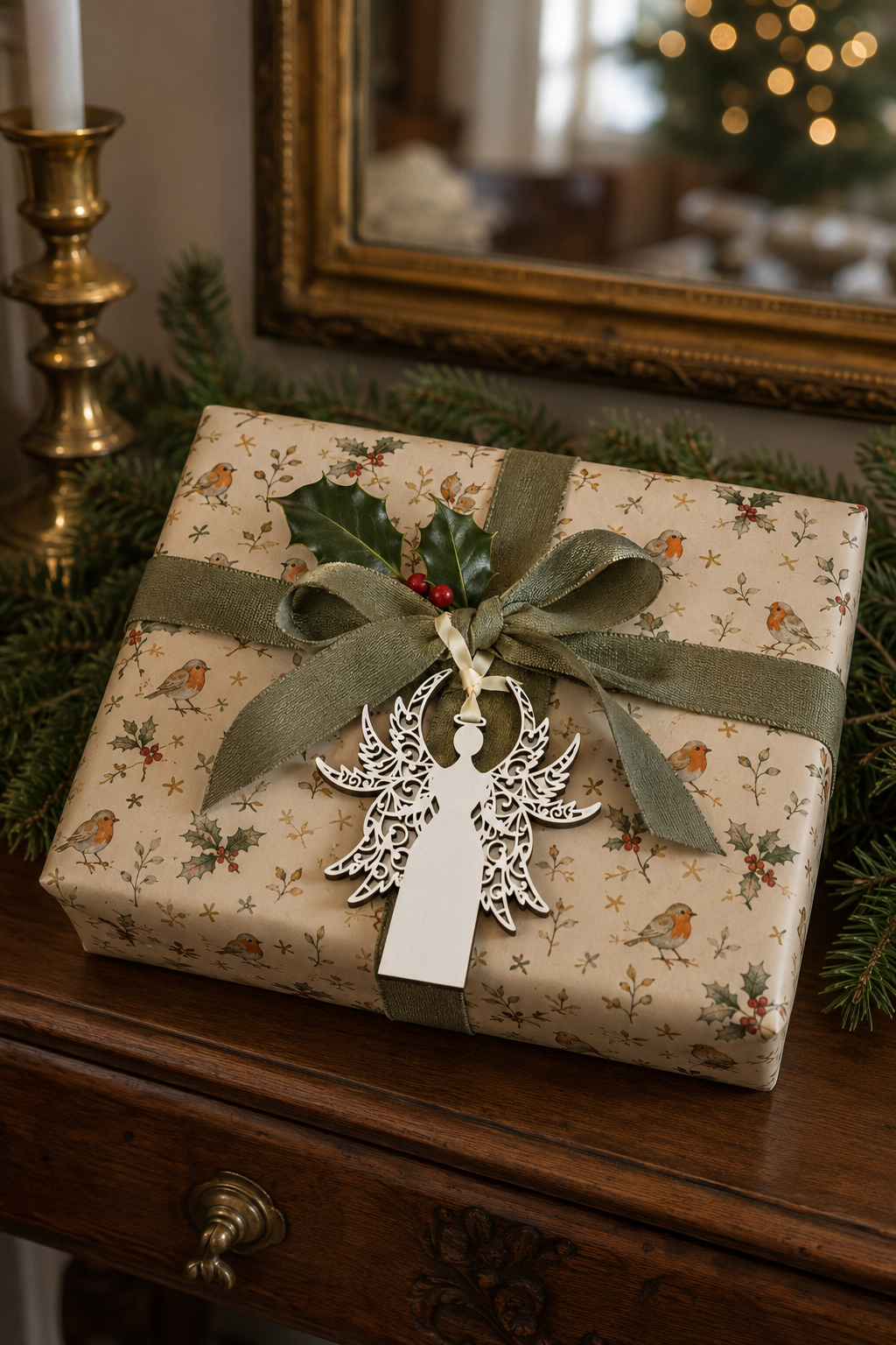 White filigree angel gift tag tied to a present wrapped in The Holly & The Robin Christmas paper with green linen ribbon.