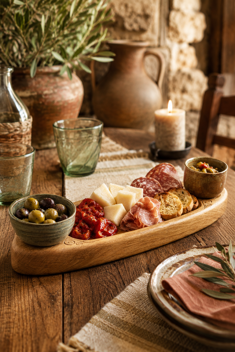 The Loom Tray oak serving tray with two stoneware pots