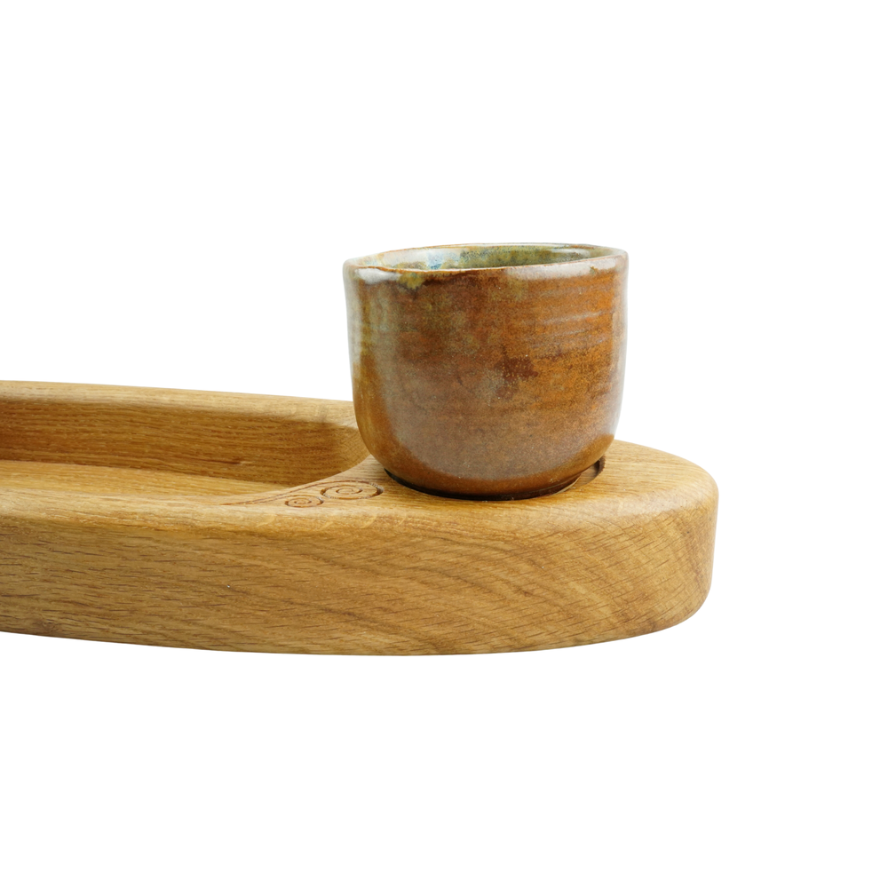 The Loom Tray oak serving tray with two stoneware pots