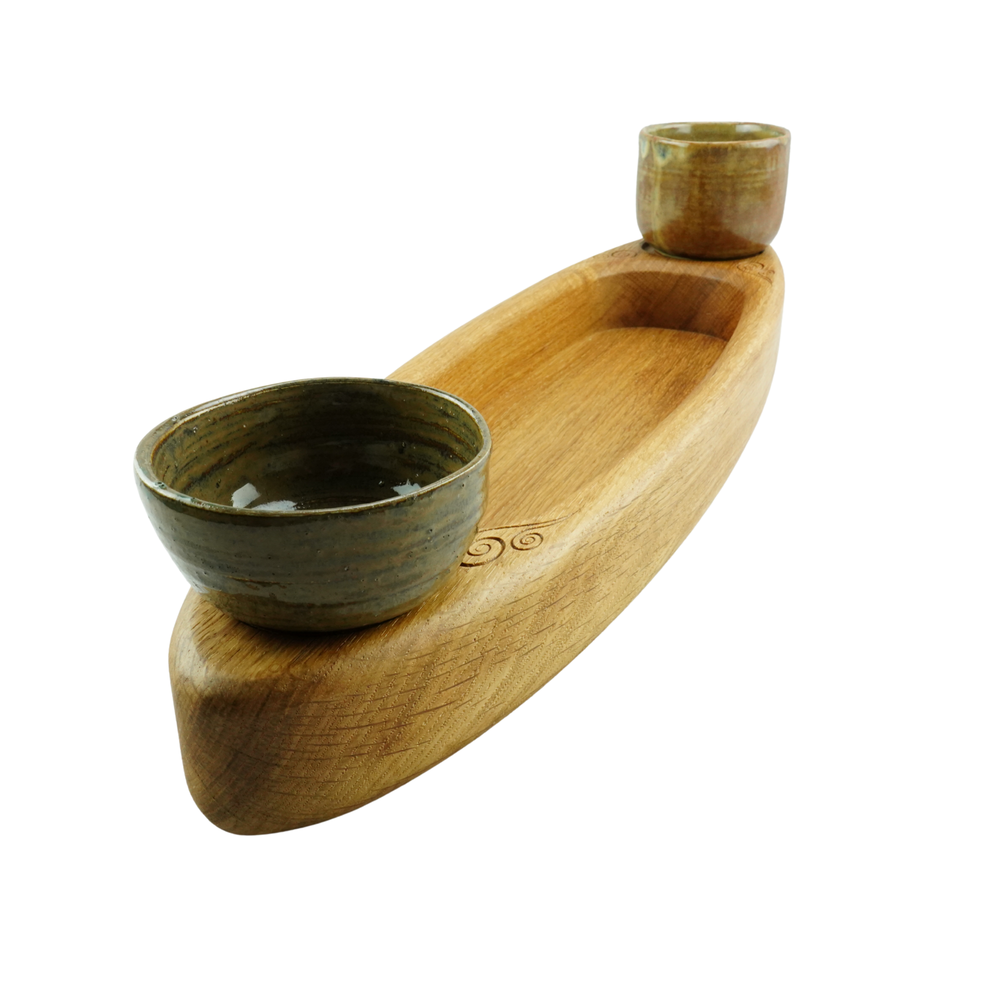 The Loom Tray oak serving tray with two stoneware pots