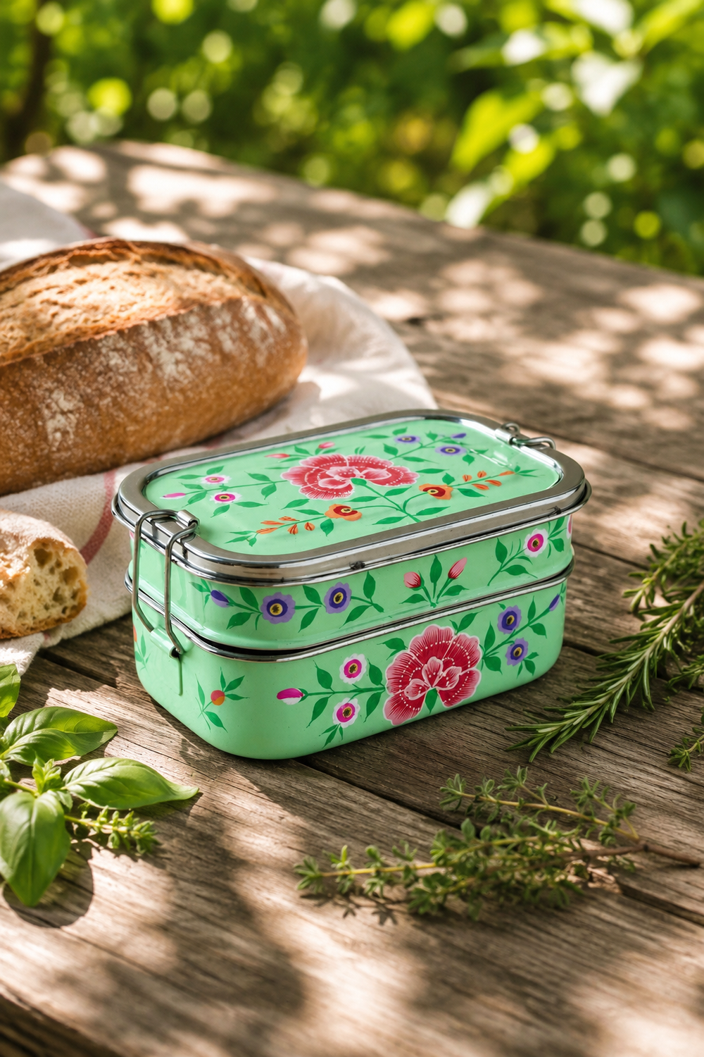 Three-compartment stainless steel tiffin lunch box with Pastel Green design