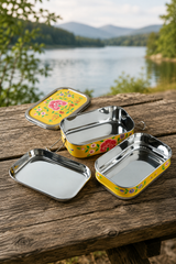 Three-compartment stainless steel tiffin lunch box with Sunshine design