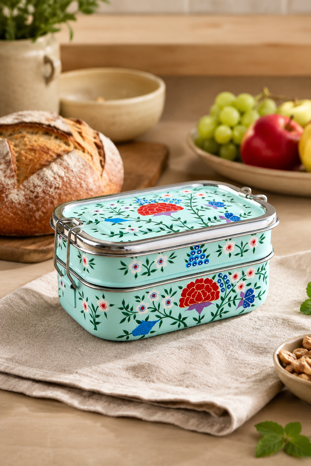 Three-compartment stainless steel tiffin lunch box with Turquoise Spring design