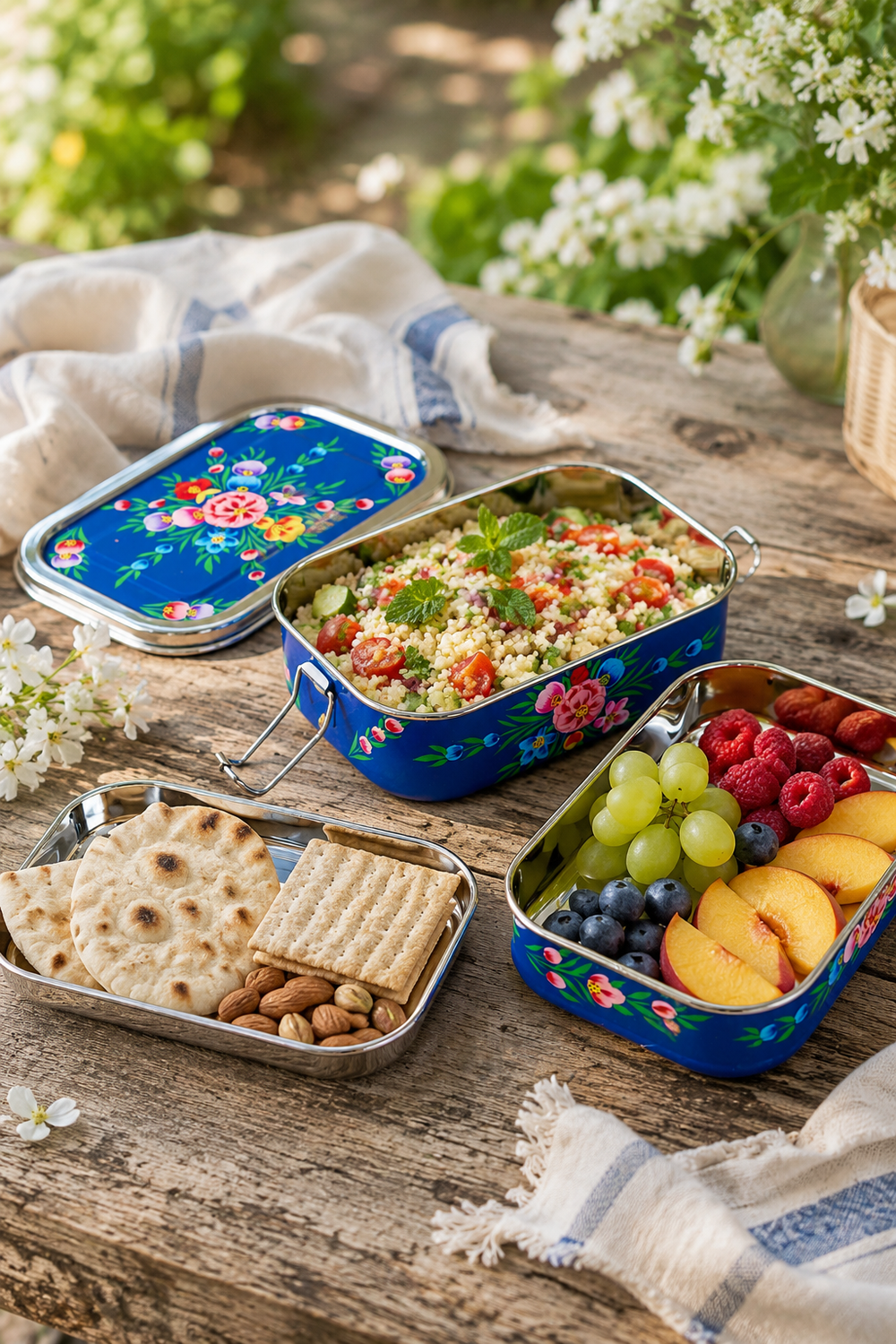 Three-compartment stainless steel tiffin lunch box with blue garland design