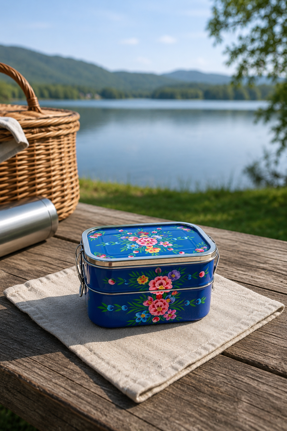 Three-compartment stainless steel tiffin lunch box with blue garland design