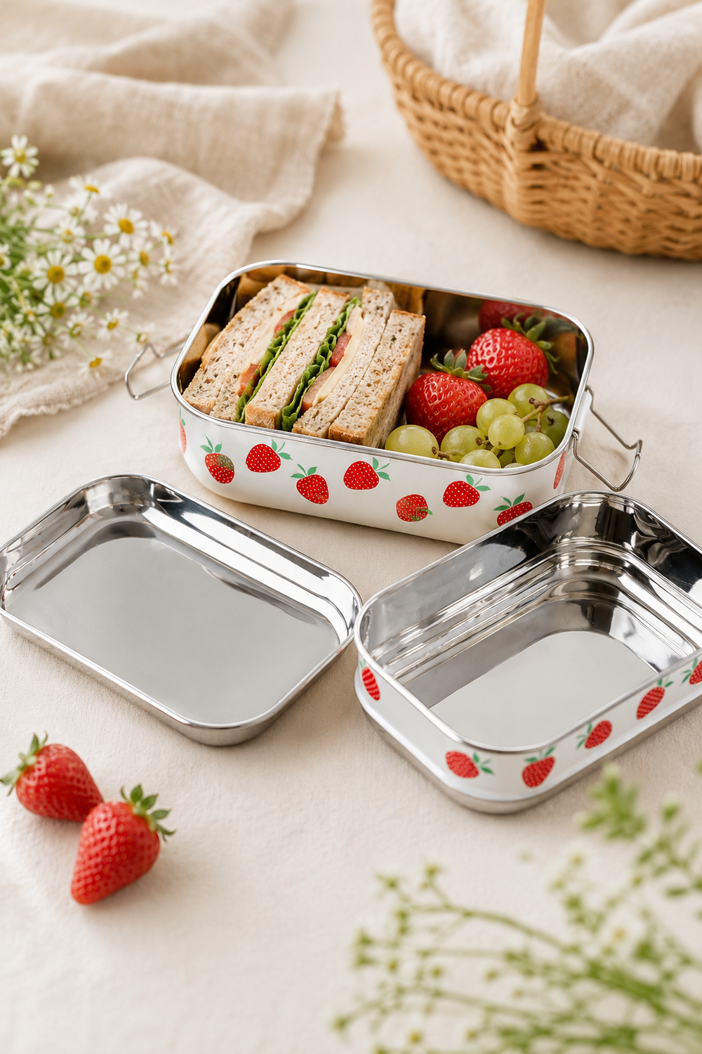 Three-compartment stainless steel tiffin lunch box with summer strawberry design