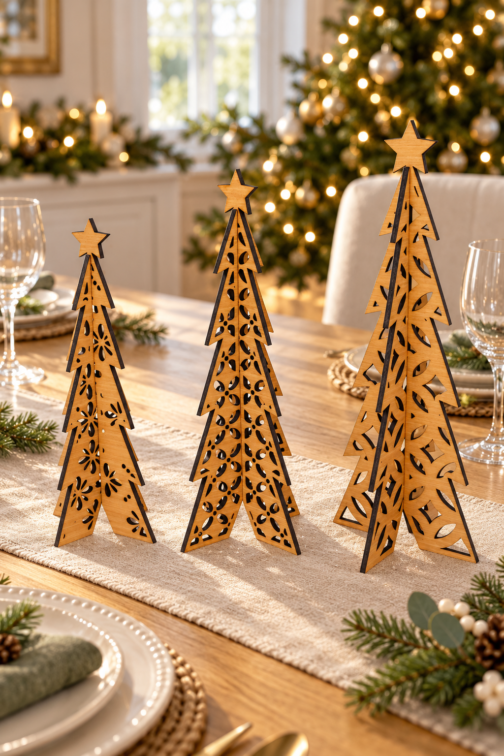 Three laser-cut wooden Christmas tree centerpieces with star toppers, displayed on a decorated dining table runner in a festive holiday setting.