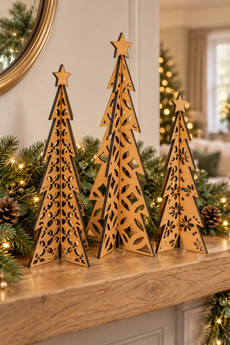 Three laser-cut wooden Christmas tree ornaments with star toppers are displayed on a wooden mantelpiece decorated with greenery and warm string lights, with a softly blurred Christmas tree in the background.