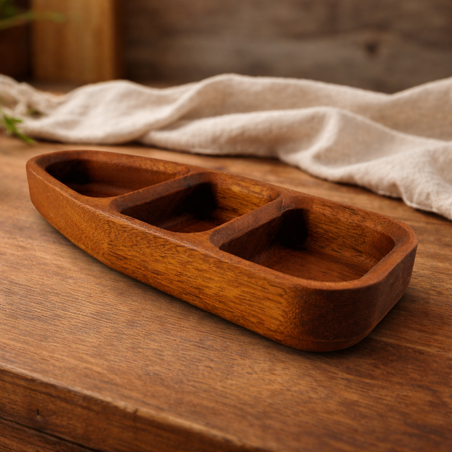 Wooden tray with compartments on a wooden surface with a cloth in the background