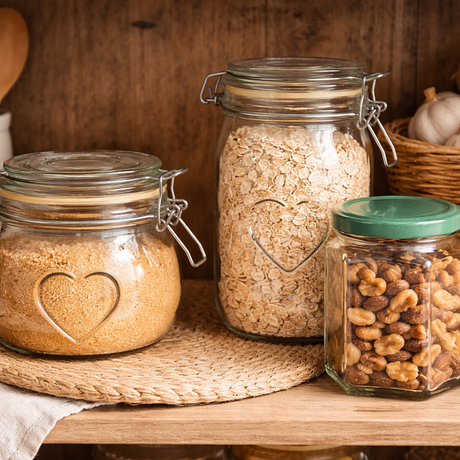 Three glass jars with heart-shaped designs on a wooden shelf, containing oats, nuts, and a brown powder.