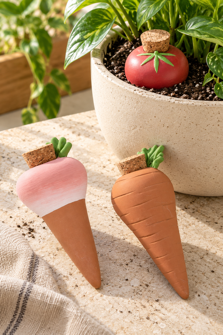 Terracotta Watering Spikes – Vegetable Designs, Set of 3